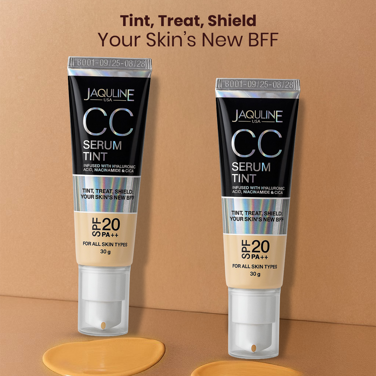 Jaquline USA CC Serum Tint 30g Hydrating Tinted Serum with SPF, Niacinamide & Hyaluronic Acid, Honey 02