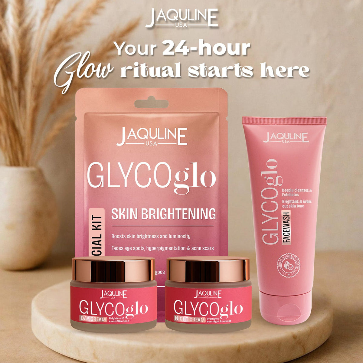 Jaquline USA Radiance GLO Glycolic Facial KIT With Aloe vera Extract & Glycerine to Improves Skin Texture | Suitable for all