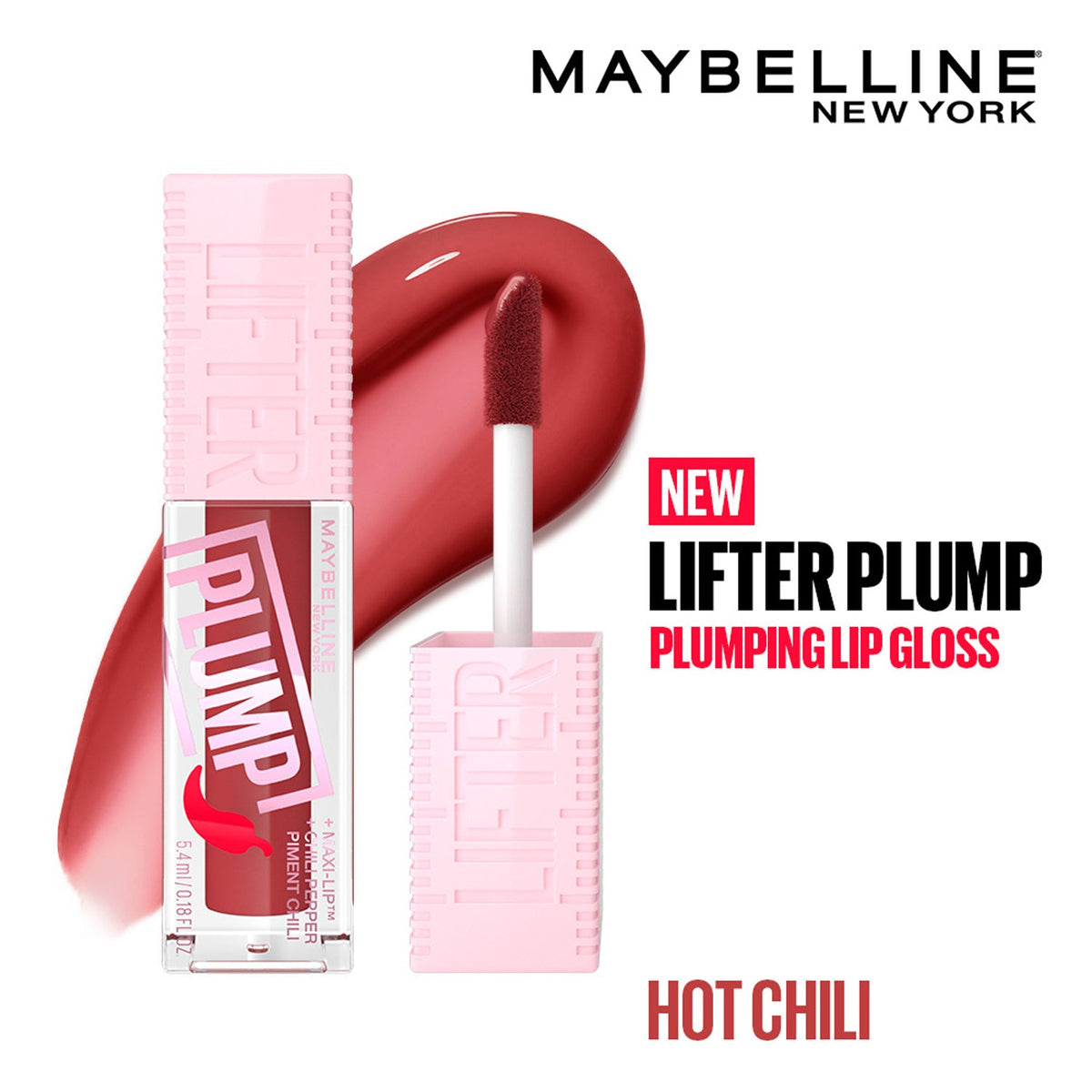 Maybelline New York Lifter Plump - Plumping Lip Gloss, Hot Chili, 5ml