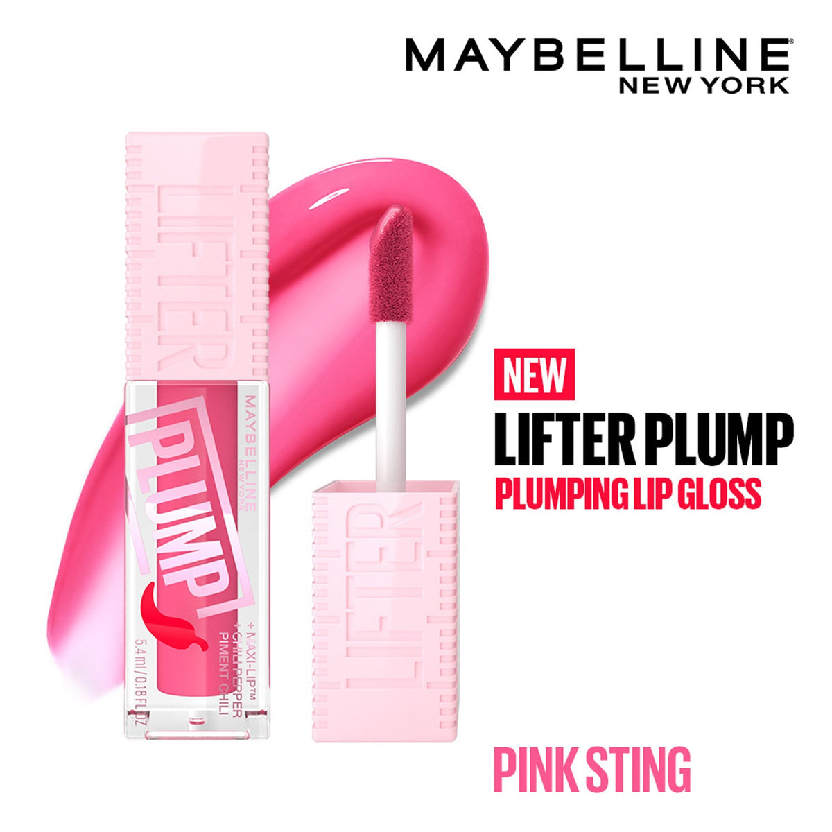 Maybelline New York Lifter Plump - Plumping Lip Gloss, Pink Sting , 5ml