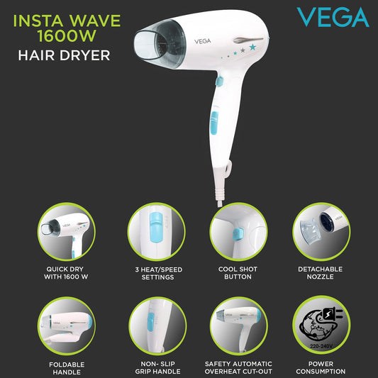 Vega Insta Wave 1600w Powerful & Foldable Hair Dryer with Cool Shot (VHDH-22), White