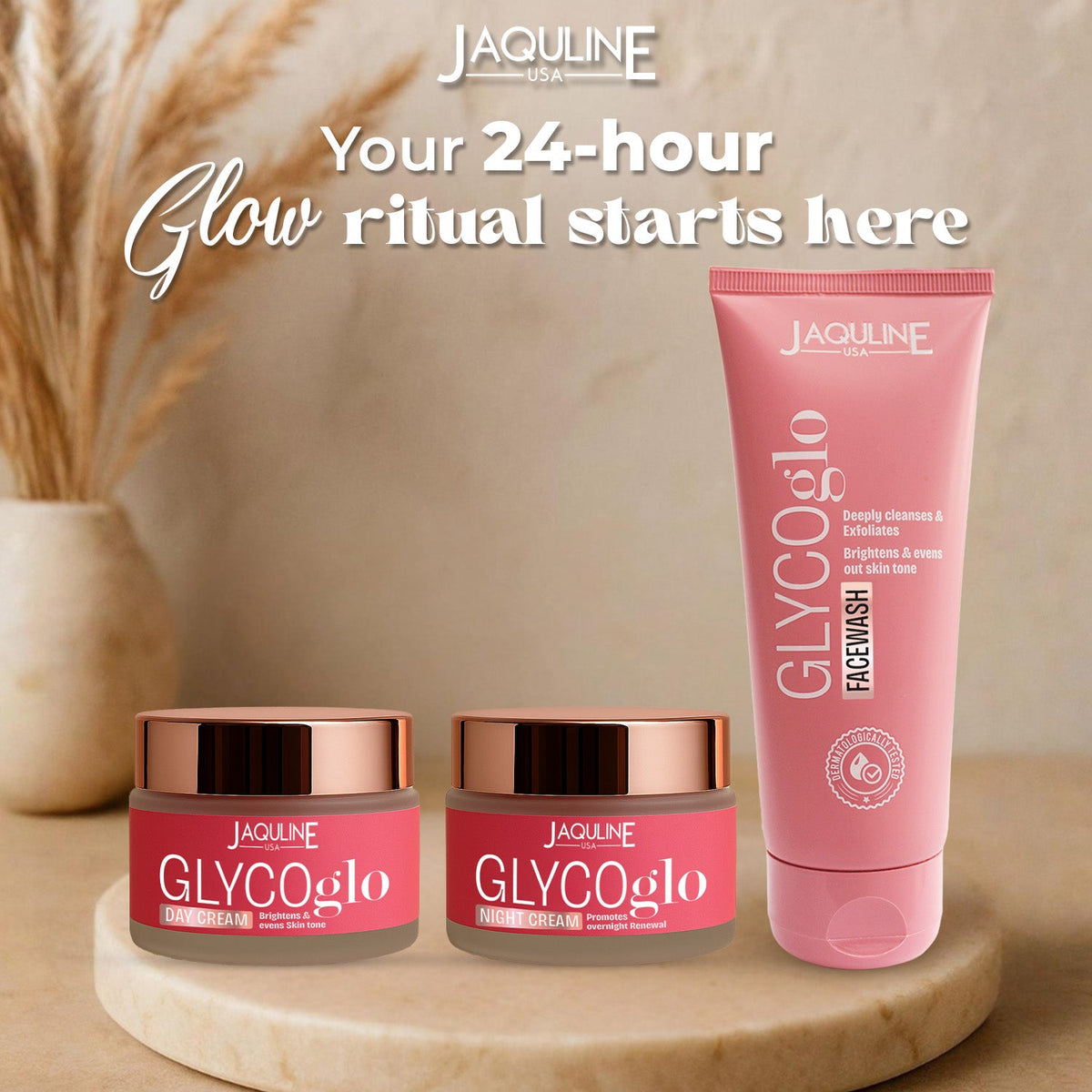 JAQULINE USA Glyco GLO Radiance & skin care kit | GlycoGlo Day Cream, Night Cream, Face Wash | Brightening & Exfoliating Skin