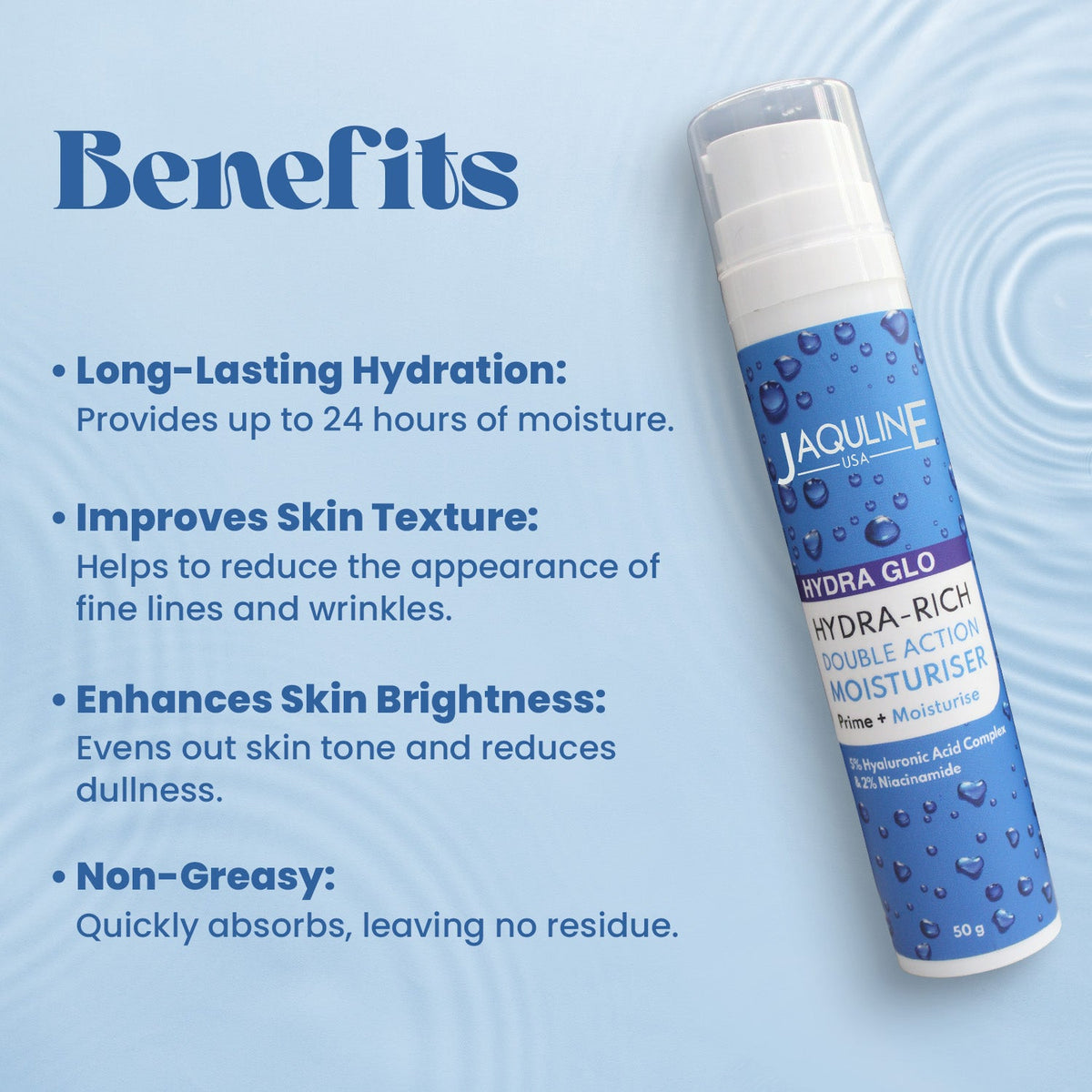 Jaquline USA Hydra Glo Hydra-Rich Double Action Moisturizer | Hydration, Brightening & Non-Greasy | 50 G