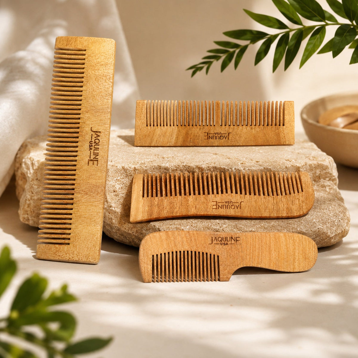 JAQULINE USA Neem Wood 2 in 1 Hair Comb Dual Tooth Wide & Fine Tooth Wooden Comb for Detangling Hair Growth Anti Dandruff Sca