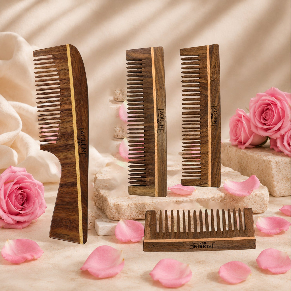 JAQULINE USA Rosewood Wooden Dual Tooth Comb Teeth Detangling Styling Comb Anti Frizz Scalp Massage Natural Grooming Tool for