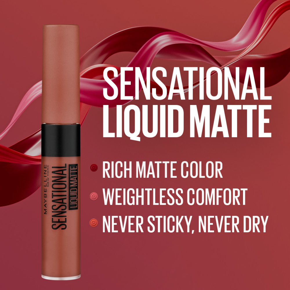 Maybelline New York Sensational Liquid Matte Lipstick, NU02 Strip It Off, 7ml - Liquid Lipstick Shades Delivering Intense Mat