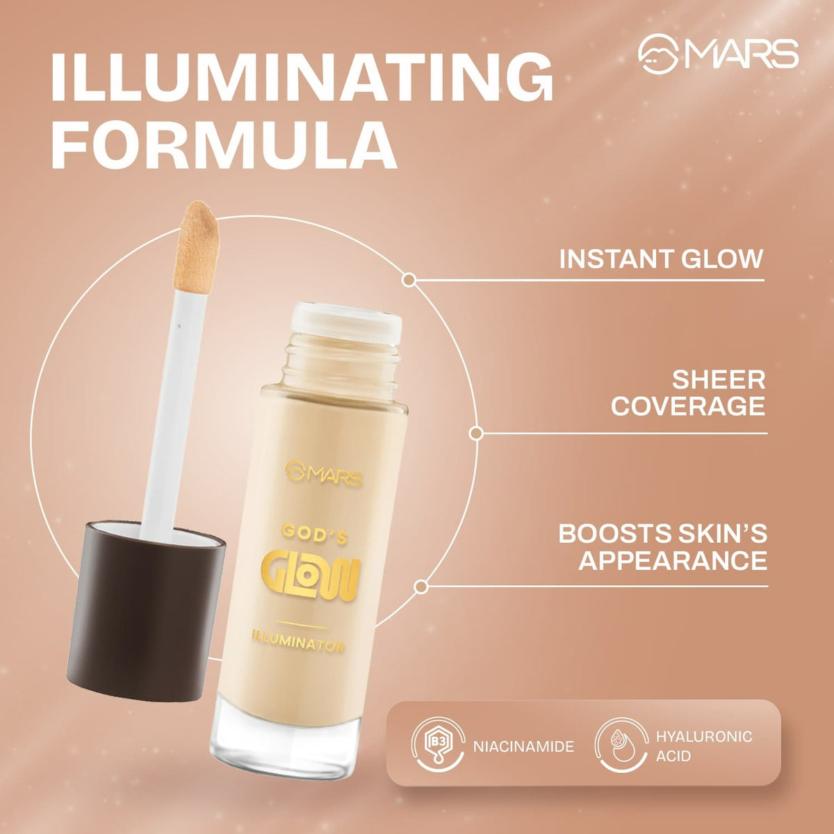 MARS God's Glow Illuminator Highlighter (30ml) (06-TOFFEE) | Hyaluronic Acid, Green Tea & Rosemary Extract | Sheer Coverage |