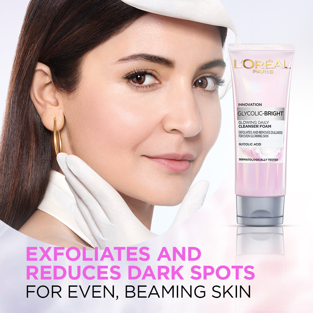 L'Oreal Paris Glycolic Bright Daily Foaming Face Cleanser, 100ml | Glycolic Acid Face Wash for Dull Skin | Daily Glowing Faci