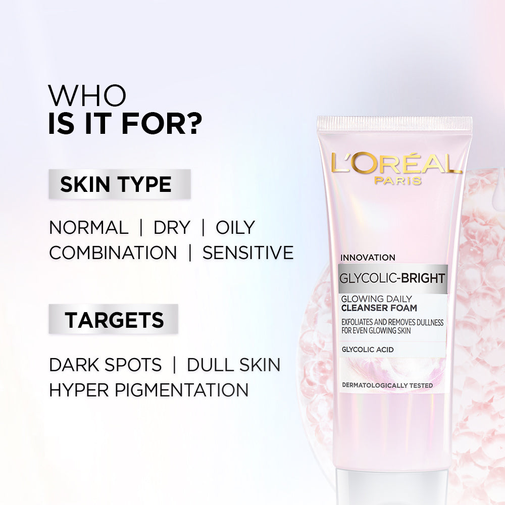 L'Oreal Paris Glycolic Bright Daily Foaming Face Cleanser, 100ml | Glycolic Acid Face Wash for Dull Skin | Daily Glowing Faci