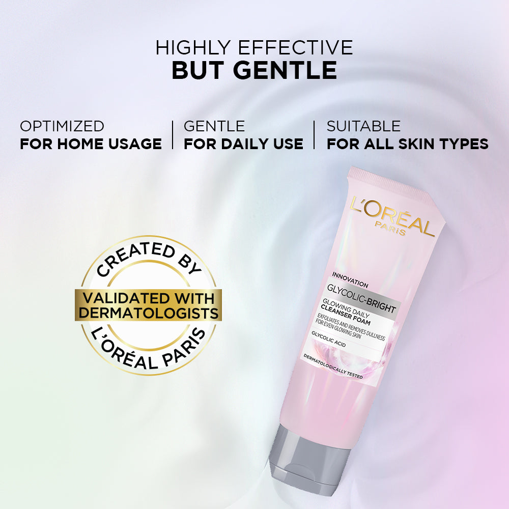 L'Oreal Paris Glycolic Bright Daily Foaming Face Cleanser, 50ml | Glycolic Acid Face Wash for Dull Skin | Daily Glowing Facia