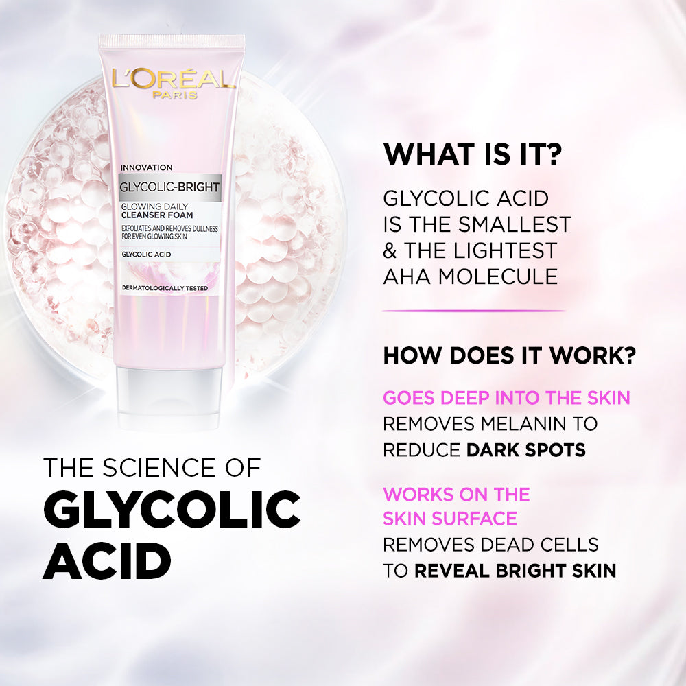L'Oreal Paris Glycolic Bright Daily Foaming Face Cleanser, 50ml | Glycolic Acid Face Wash for Dull Skin | Daily Glowing Facia