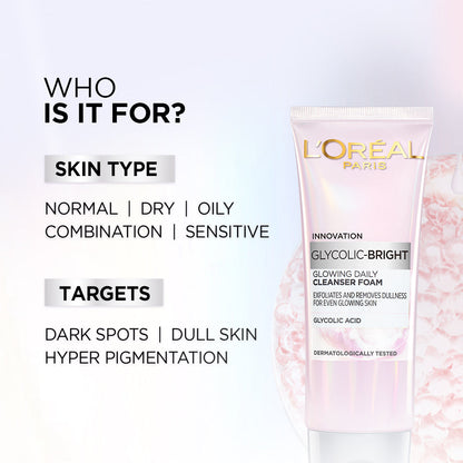 L'Oreal Paris Glycolic Bright Daily Foaming Face Cleanser, 50ml | Glycolic Acid Face Wash for Dull Skin | Daily Glowing Facia