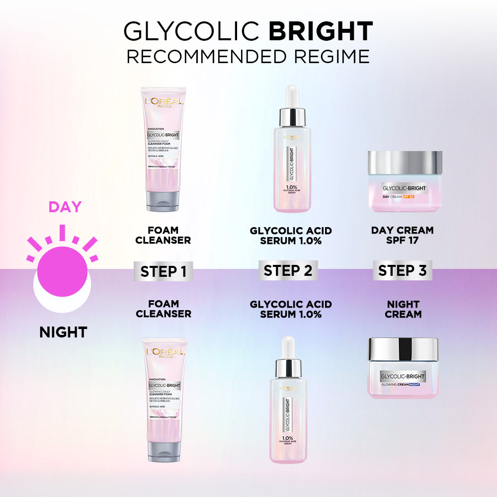L'Oreal Paris Glycolic Bright Daily Foaming Face Cleanser, 50ml | Glycolic Acid Face Wash for Dull Skin | Daily Glowing Facia